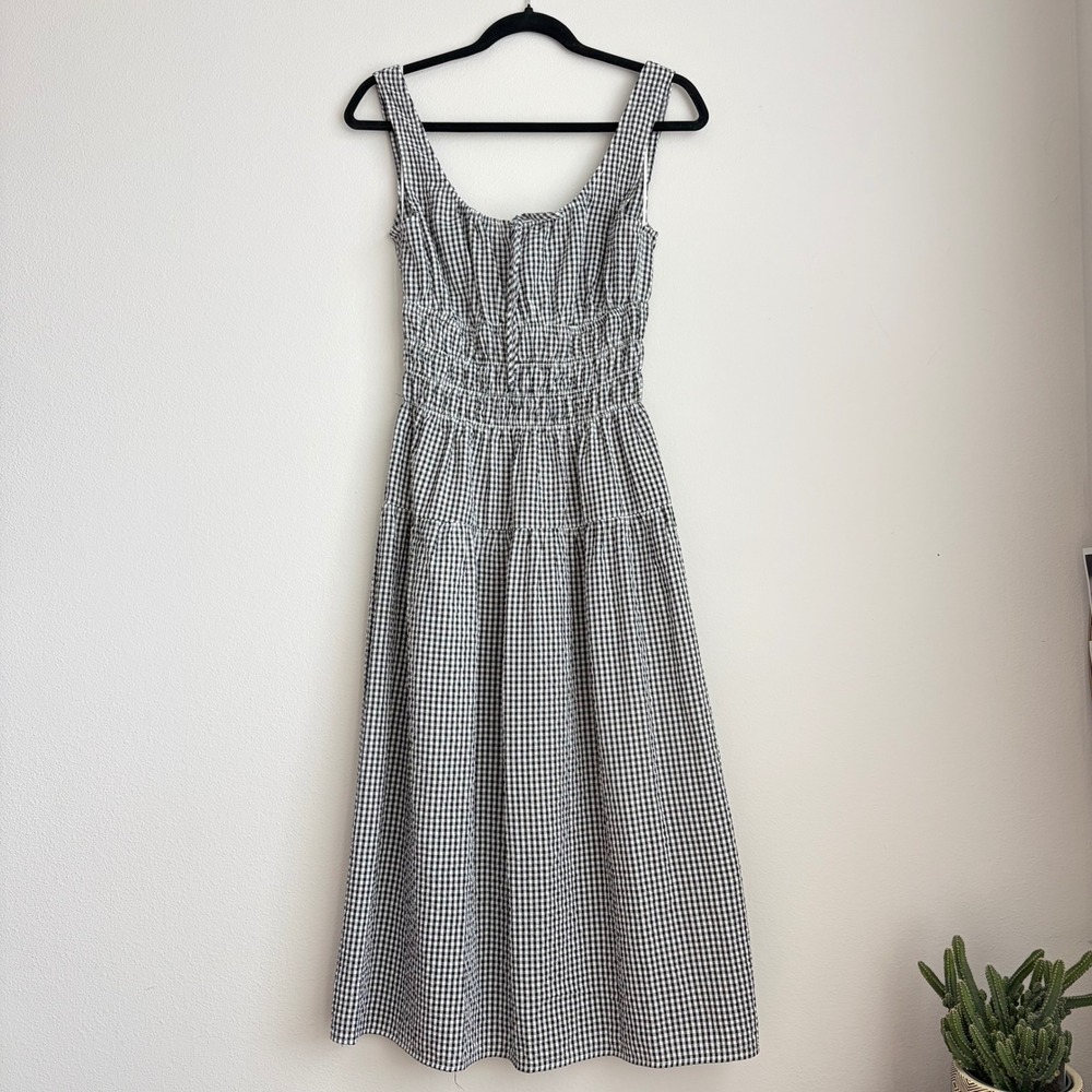 Black White Gingham Smocked Tiered Midi Dress Sleeveless Tie Front Cottagecore